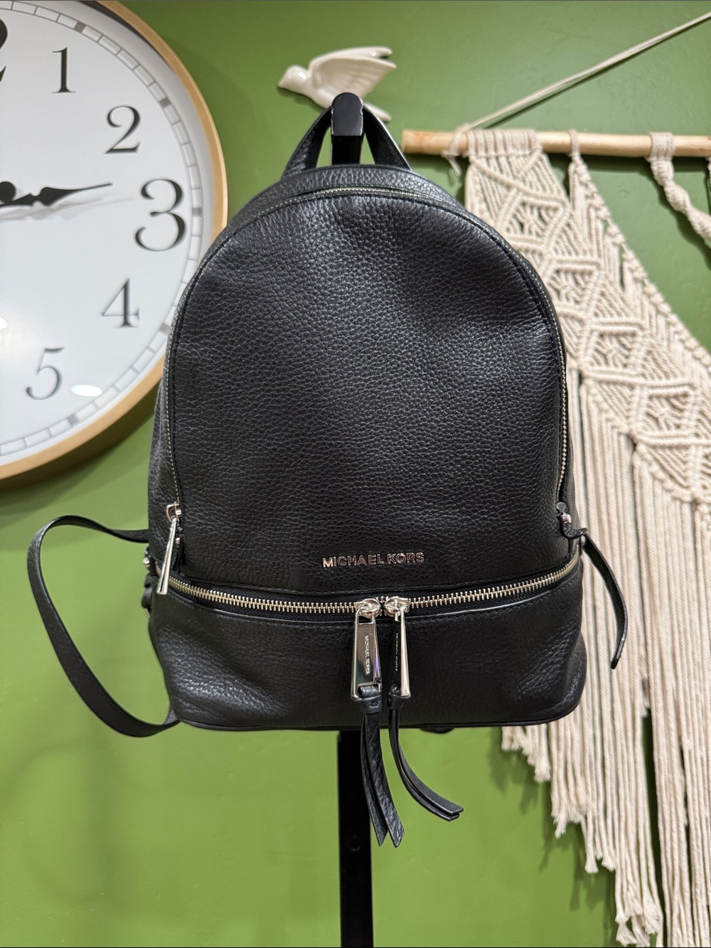 Michael Kors Rhea Black Pebbled Leather Backpack with Silver Hardware
